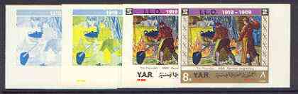 Yemen - Republic 1969 International Labour Organisation 8b Tin Founder (German Engraving) set of 4 imperf progressive proofs comprising single, 2, 4 and all 5-colour comb..., stamps on arts, stamps on labour, stamps on iron, stamps on steel, stamps on smiths, stamps on  tin , stamps on engravings