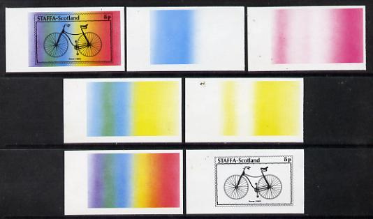 Staffa 1977 Bicycles 5p (Rover 1885) set of 7 imperf progressive colour proofs comprising the 4 individual colours plus 2, 3 and all 4-colour composites unmounted mint, stamps on , stamps on  stamps on bicycles    transport