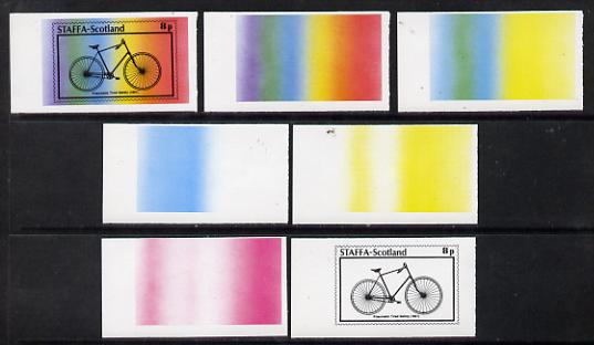 Staffa 1977 Bicycles 8p (Pneumatic Tired Safety 1891) set of 7 imperf progressive colour proofs comprising the 4 individual colours plus 2, 3 and all 4-colour composites unmounted mint, stamps on bicycles    transport