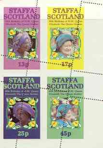 Staffa 1985 Life & Times of HM Queen Mother perf sheetlet of 4 with perforations dramatically misplaced unmounted mint, stamps on royalty, stamps on queen mother