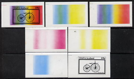Staffa 1977 Bicycles 20p (Velocipede 1863) set of 7 imperf progressive colour proofs comprising the 4 individual colours plus 2, 3 and all 4-colour composites unmounted m..., stamps on bicycles    transport