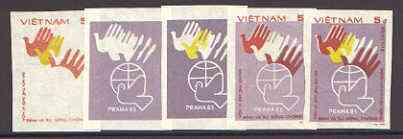 Vietnam 1983 World Peace Conference 5d set of 5 imperf progressive proofs comprising individual colour plus 3 x 2-colour and all 3-colour composites, as SG 655, stamps on peace, stamps on dove, stamps on birds