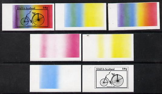 Staffa 1977 Bicycles 50p (McCammons 1884) set of 7 imperf progressive colour proofs comprising the 4 individual colours plus 2, 3 and all 4-colour composites unmounted mi..., stamps on bicycles    transport