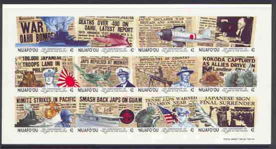 Tonga - Niuafoou 1992 50th Anniversary of Outbreak of Pacific War imperf sheet in issued colours on thin card, from a limited printing for publicity purposes, (as SG 165a..., stamps on cinderellas, stamps on cinderella, stamps on ships, stamps on ww2, stamps on aviation, stamps on militaria, stamps on maps, stamps on flat tops, stamps on  ww2 , stamps on 