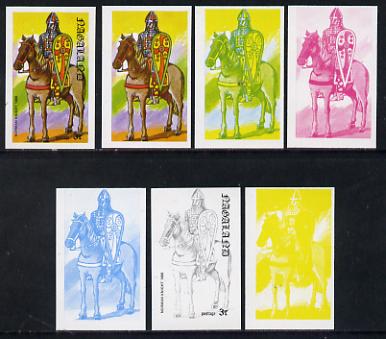 Nagaland 1977 Military Uniforms 3c (Norman Knight 1066) set of 7 imperf progressive colour proofs comprising the 4 individual colours plus 2, 3 and all 4-colour composite..., stamps on militaria, stamps on uniforms