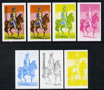 Nagaland 1977 Military Uniforms 5c (12th Light Dragoons 19th Century) set of 7 imperf progressive colour proofs comprising the 4 individual colours plus 2, 3 and all 4-co..., stamps on militaria, stamps on uniforms