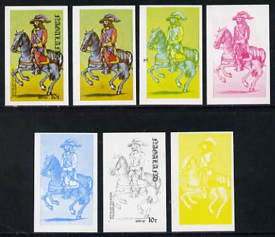 Nagaland 1977 Military Uniforms 10c (Royalist Cavalier 17th Century) set of 7 imperf progressive colour proofs comprising the 4 individual colours plus 2, 3 and all 4-col..., stamps on militaria, stamps on uniforms