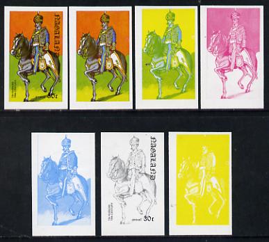 Nagaland 1977 Military Uniforms 30c (7th Hussars 19th Century) set of 7 imperf progressive colour proofs comprising the 4 individual colours plus 2, 3 and all 4-colour co..., stamps on militaria, stamps on uniforms