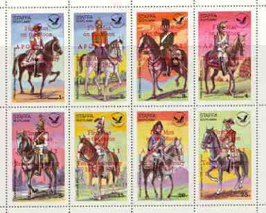 Staffa 1979 USA Bicentenary (Military Uniforms - On Horseback) perf sheetlet of 8 values optd Apollo 11 - 10th Anniversary in red unmounted mint, stamps on militaria, stamps on americana, stamps on horses, stamps on space, stamps on apollo, stamps on uniforms