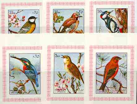 Sharjah 1972 Birds #2 set of 6 individual imperf deluxe sheetlets unmounted mint, as Mi 1178-83, stamps on birds, stamps on woodpeckers, stamps on kingfisher