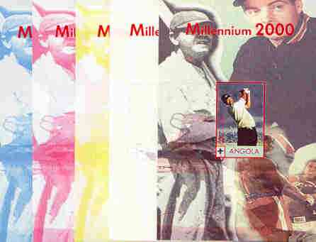 Angola 2000 Millennium 2000 - Tiger Woods s/sheet (Mohammed Ali & Babe Ruth in background) the set of 5 imperf progressive proofs comprising various colour combinations i..., stamps on sport, stamps on golf, stamps on boxing, stamps on millennium, stamps on islam, stamps on baseball