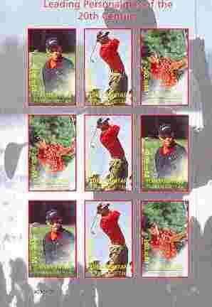 Turkmenistan 2000 Tiger Woods (Leading Personalities of the 20th Century) imperf sheetlet containing 9 values (3 sets of 3), stamps on , stamps on  stamps on sport, stamps on golf, stamps on millennium