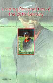 Turkmenistan 2000 Tiger Woods (Leading Personalities of the 20th Century) perf souvenir sheet #1, stamps on sport, stamps on golf, stamps on millennium