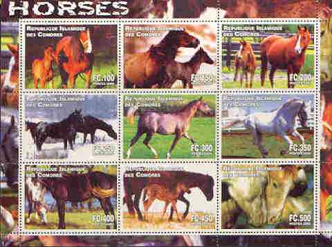 Comoro Islands 2000 Horses perf sheetlet containing complete set of 9 values unmounted mint, stamps on horses, stamps on animals