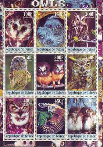 Guinea - Conakry 2000 Owls perf sheetlet containing complete set of 9 values unmounted mint, stamps on birds, stamps on birds of prey, stamps on owls