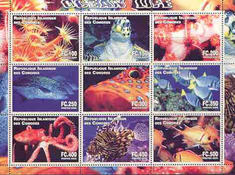 Comoro Islands 2000 Ocean Life perf sheetlet containing complete set of 9 values unmounted mint, stamps on marine life, stamps on fish, stamps on turtles, stamps on 