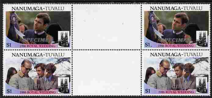 Tuvalu - Nanumaga 1986 Royal Wedding (Andrew & Fergie) $1 perf inter-paneau gutter block of 4 (2 se-tenant pairs) overprinted SPECIMEN in silver (Italic caps 26.5 x 3 mm)..., stamps on royalty, stamps on andrew, stamps on fergie, stamps on 