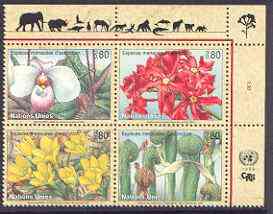 United Nations (Geneva) 1996 Endangered Species (4th series - plants) se-tenant block of 4, unmounted mint SG G290-93, stamps on flowers, stamps on orchids