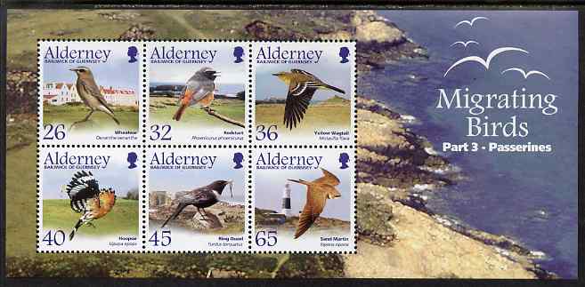 Guernsey - Alderney 2004 Migrating Birds (3rd series) Passerines perf m/sheet unmounted mint, SG MSA241, stamps on birds, stamps on hoopoe, stamps on lighthouses