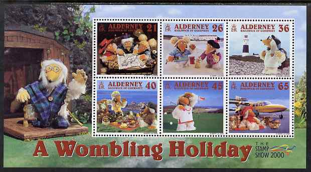 Guernsey - Alderney 2000 A Wombling Holiday perf m/sheet unmounted mint, SG MSA152, stamps on children, stamps on lighthouses, stamps on golf, stamps on aviation, stamps on maps, stamps on food & drink.stamp exhibitions