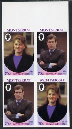 Montserrat 1986 Royal Wedding 70c in unmounted mint imperf proof block of 4 (2 se-tenant pairs) without staple holes in margin and therefore not from booklets, stamps on royalty, stamps on andrew & fergie