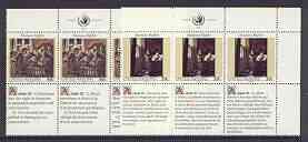 United Nations (NY) 1992 Declaration of Human Rights (4th series) set of 2 plus 2 labels (Lady Writing & the Meeting) each in blocks of 6 showing labels in 3 languages unmounted mint, SG 626-27, stamps on , stamps on  stamps on united nations, stamps on arts, stamps on human rights, stamps on vermeer