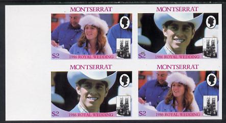 Montserrat 1986 Royal Wedding $2 in unmounted mint imperf proof block of 4 (2 se-tenant pairs) without staple holes in margin and therefore not from booklets, stamps on royalty, stamps on andrew & fergie