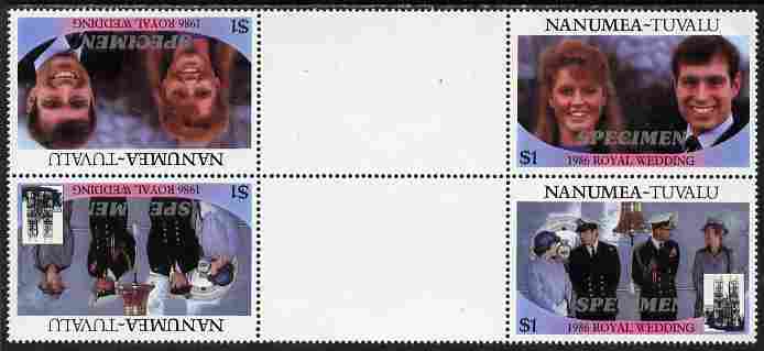 Tuvalu - Nanumea 1986 Royal Wedding (Andrew & Fergie) $1 perf tete-beche inter-paneau gutter block of 4 (2 se-tenant pairs) overprinted SPECIMEN in silver (Italic caps 26..., stamps on royalty, stamps on andrew, stamps on fergie, stamps on 