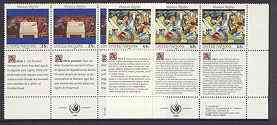 United Nations (NY) 1989 Declaration of Human Rights (1st series) set of 2 plus 2 labels (Table of Brotherhood & Composition) each in blocks of 6 showing labels in 3 lang..., stamps on united nations, stamps on arts, stamps on human rights, stamps on 