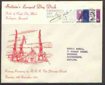 Great Britain 1964 Illustrated commem cover for Britain's Largest Dry Dock with 3d Forth Road Bridge stamp & special 'Greenock's Dry Dock for the Giants' cancel, stamps on ships, stamps on ports, stamps on docks