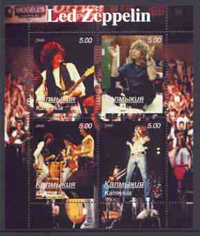 Kalmikia Republic 2000 Led Zeppelin perf sheetlet containing 4 values (vertical designs) unmounted mint, stamps on music, stamps on pops, stamps on entertainments, stamps on guitar