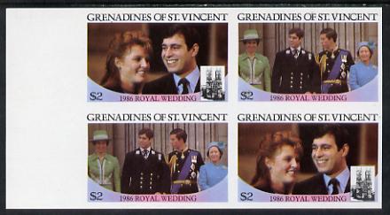 St Vincent - Grenadines 1986 Royal Wedding $2 in unmounted mint imperf proof block of 4 (2 se-tenant pairs) without staple holes in margin and therefore not from booklets, stamps on royalty, stamps on , stamps on andrew & fergie