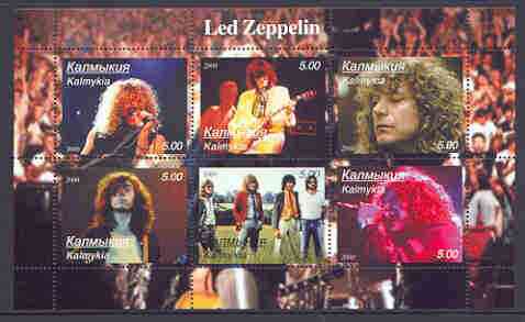 Kalmikia Republic 2000 Led Zeppelin perf sheetlet containing 6 values (horiz designs) unmounted mint, stamps on music, stamps on pops, stamps on entertainments, stamps on guitar