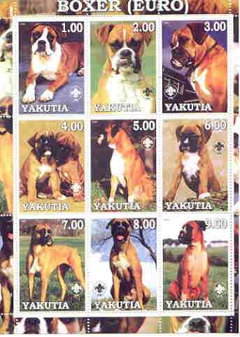 Sakha (Yakutia) Republic 2000 Dogs (European Boxer) perf sheetlet containing complete set of 9 values, each with Scout logo unmounted mint, stamps on dogs, stamps on scouts, stamps on boxer