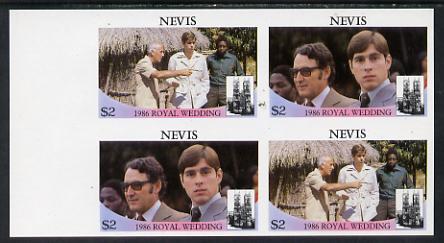 Nevis 1986 Royal Wedding $2 in unmounted mint imperf proof block of 4 (2 se-tenant pairs) without staple holes in margin and therefore not from booklets, stamps on royalty, stamps on andrew & fergie