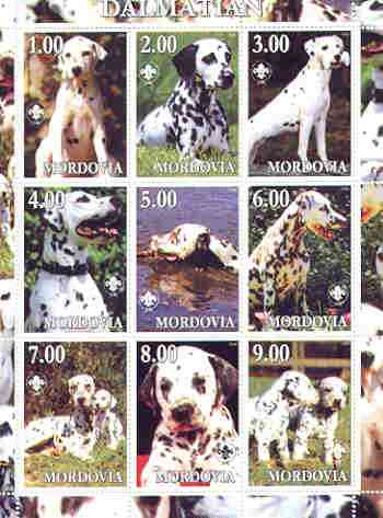 Mordovia Republic 2000 Dogs (Dalmation) perf sheetlet containing complete set of 9 values, each with Scout logo unmounted mint, stamps on dogs, stamps on scouts, stamps on dalmations