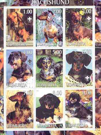 Udmurtia Republic 2000 Dogs (Dachshund) perf sheetlet containing complete set of 9 values, each with Scout logo unmounted mint, stamps on dogs, stamps on scouts, stamps on dachshund