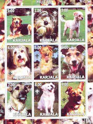 Karjala Republic 2000 Dogs (Mutts) perf sheetlet containing complete set of 9 values, each with Scout logo unmounted mint, stamps on dogs, stamps on scouts, stamps on mutts