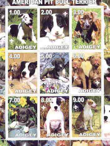 Adigey Republic 2000 Dogs (American Pit Bull Terrier) perf sheetlet containing complete set of 9 values, each with Scout logo unmounted mint, stamps on dogs, stamps on scouts, stamps on pi bull terrier
