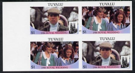 Tuvalu 1986 Royal Wedding (Andrew & Fergie) $1 in unmounted mint imperf proof block of 4 (2 se-tenant pairs) without staple holes in margin and therefore not from booklets, stamps on royalty, stamps on andrew, stamps on fergie, stamps on diana, stamps on 