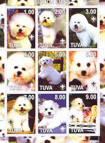 Touva 2000 Dogs (Bichon Fris\8E) perf sheetlet containing complete set of 9 values, each with Scout logo unmounted mint, stamps on dogs, stamps on scouts, stamps on bichon fris83