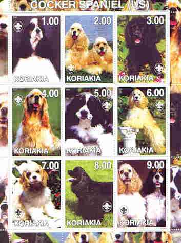 Koriakia Republic 2000 Dogs (Cocker Spaniel) perf sheetlet containing complete set of 9 values, each with Scout logo unmounted mint, stamps on dogs, stamps on scouts, stamps on cocker spaniel