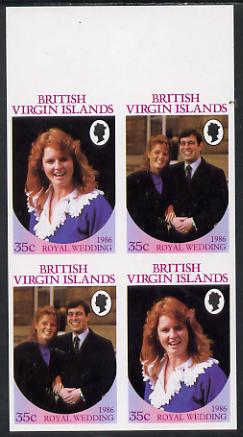 British Virgin Islands 1986 Royal Wedding 35c in unmounted mint imperf proof block of 4 (2 se-tenant pairs) without staple holes in margin and therefore not from booklets, stamps on royalty       andrew & fergie