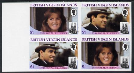 British Virgin Islands 1986 Royal Wedding $1 in unmounted mint imperf proof block of 4 (2 se-tenant pairs) without staple holes in margin and therefore not from booklets, stamps on royalty       andrew & fergie