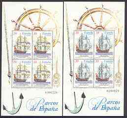 Spain 1996 Ship paintings set of 2 m/sheets each containing blocks of 4, unmounted mint SG MS 3321, stamps on ships, stamps on arts, stamps on anchors, stamps on knots, stamps on nautical