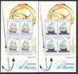 Spain 1997 18th Century Ship paintings set of 2 m/sheets each containing blocks of 4, unmounted mint SG MS 3371, stamps on ships, stamps on arts, stamps on anchors, stamps on knots, stamps on nautical, stamps on navigation