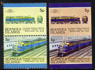 Bernera 1983 Locomotives #2 (Atcheson, Topeka & Santa Fe) 5p se-tenant pair with red omitted plus imperf pair as normal, unmounted mint, stamps on railways