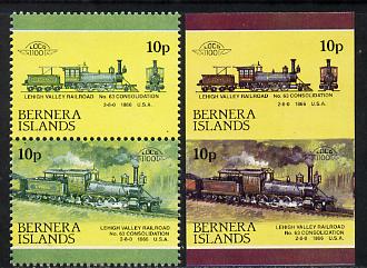Bernera 1983 Locomotives #2 (Lehigh Valley Railroad) 10p se-tenant pair with red omitted plus imperf pair as normal unmounted mint, stamps on railways