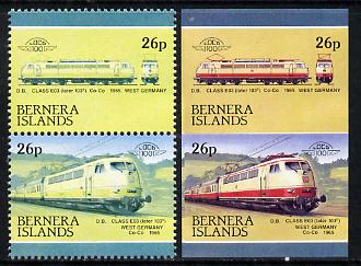 Bernera 1983 Locomotives #2 (DB Class EO3) 26p se-tenant pair with red omitted plus imperf pair as normal unmounted mint, stamps on railways