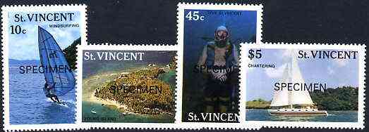 St Vincent 1988 Tourism set of 4 opt'd SPECIMEN unmounted mint, as SG 1133-36, stamps on tourism, stamps on sailing, stamps on scuba, stamps on yachts